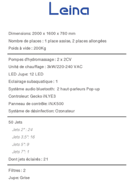 Caractéristiques du spa Leina rectangle traditionnel de Phybris 3 places